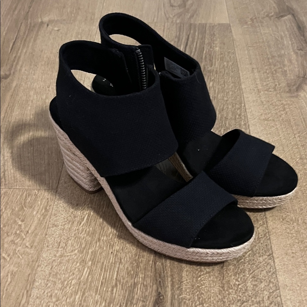 Toms Black and Tan Wedge Sandals